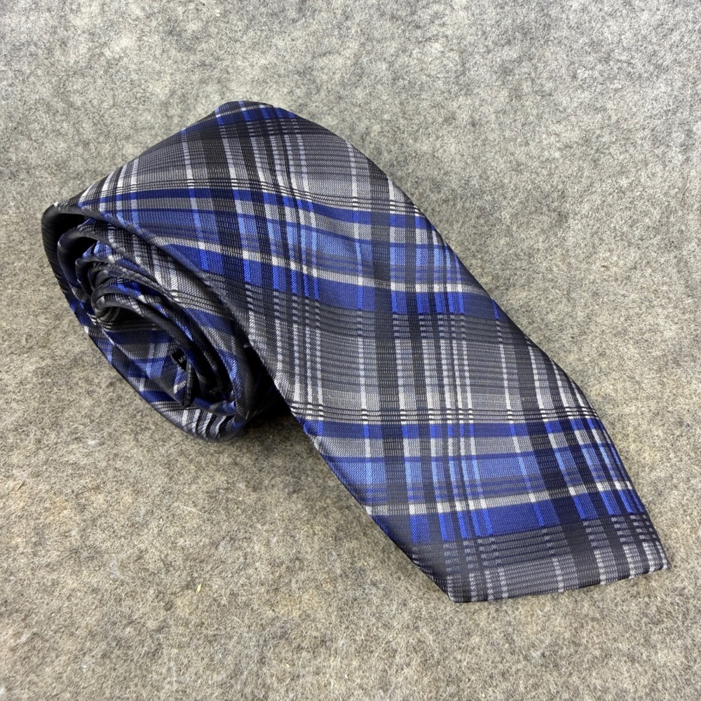 Platinum Designs Mens Blue Grey Plaid Machine Washable Necktie Tie Work Office